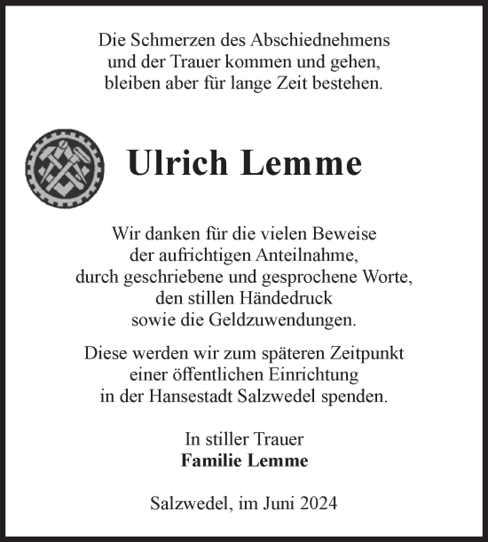 Traueranzeige von Ulrich Lemme von Volksstimme Altmark West