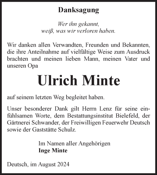 Traueranzeige von Ulrich Minte von Volksstimme Altmark Ost
