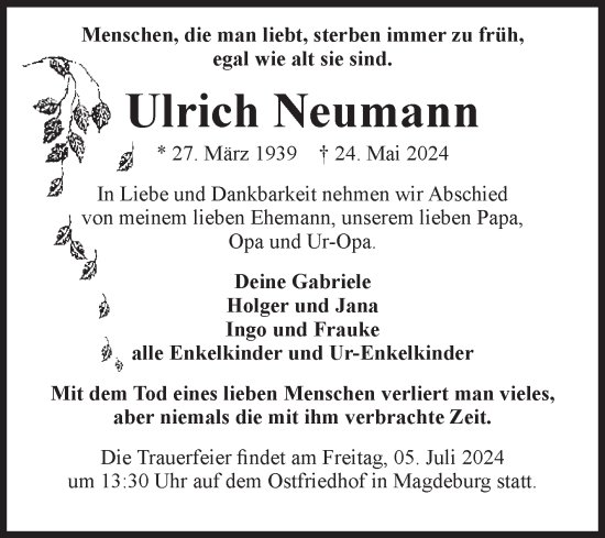 Traueranzeige von Ulrich Neumann von Volksstimme Magdeburg