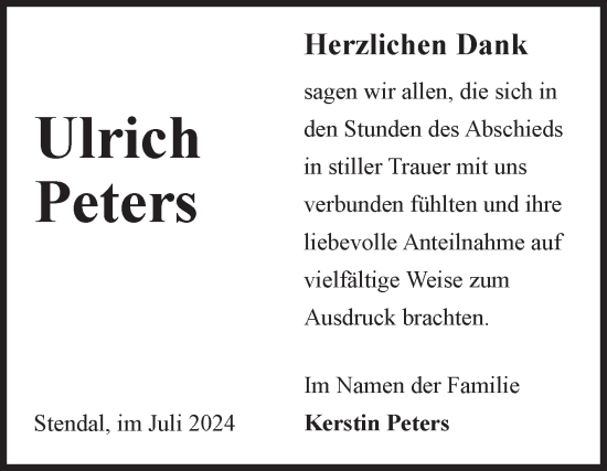 Traueranzeige von Ulrich Peters von Volksstimme Altmark Ost