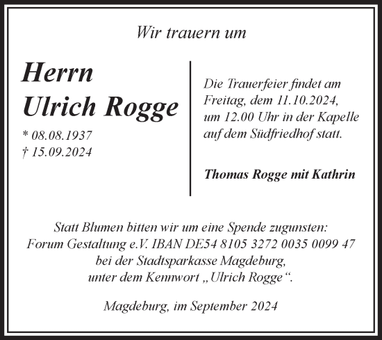 Traueranzeige von Ulrich Rogge von Volksstimme Magdeburg