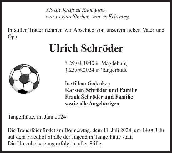 Traueranzeige von Ulrich Schröder von Volksstimme Altmark Ost