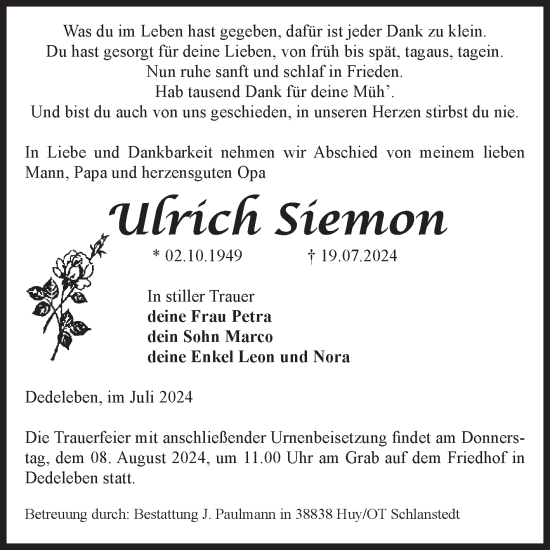 Traueranzeige von Ulrich Siemon von Volksstimme Halberstadt