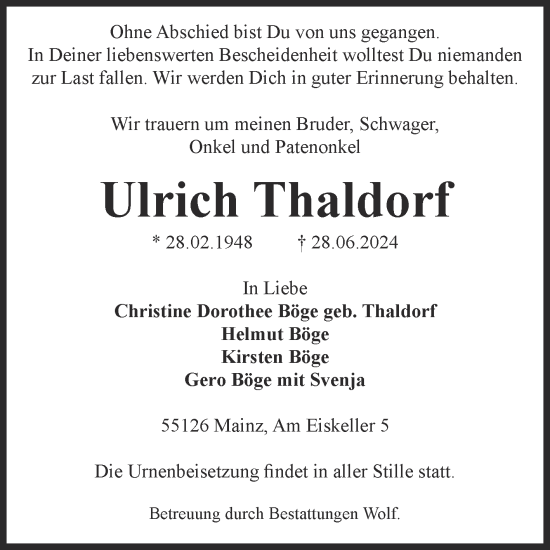 Traueranzeige von Ulrich Thaldorf von Volksstimme Wernigerode