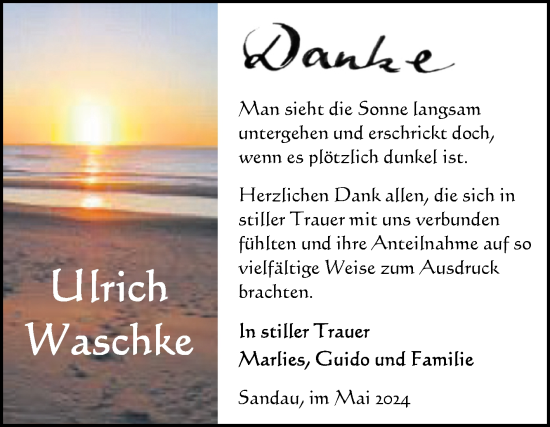 Traueranzeige von Ulrich Waschke von Volksstimme Altmark Ost