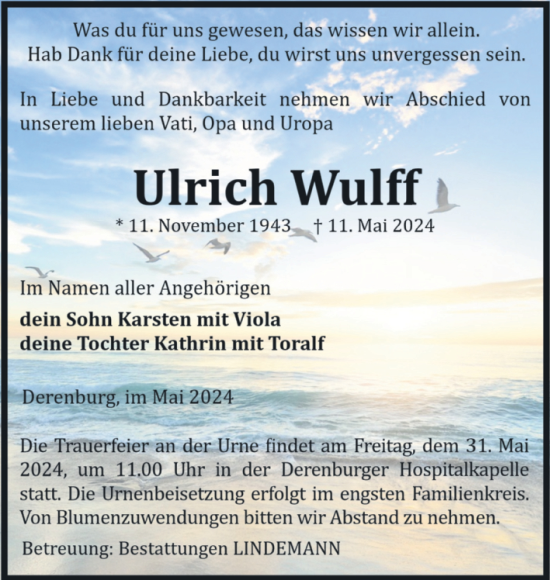 Traueranzeige von Ulrich Wulff von Volksstimme Wernigerode