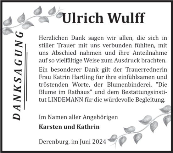 Traueranzeige von Ulrich Wulff von Volksstimme Wernigerode