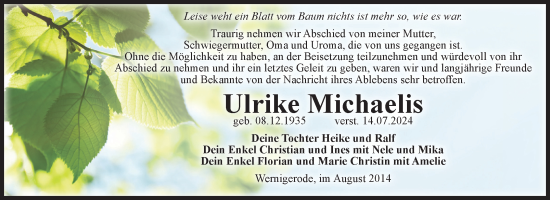 Traueranzeige von Ulrike Michaelis von Volksstimme Wernigerode