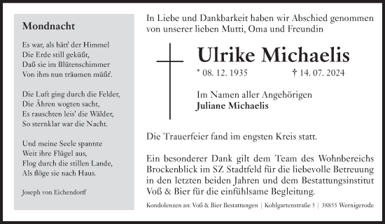 Traueranzeige von Ulrike Michaelis von Volksstimme Wernigerode