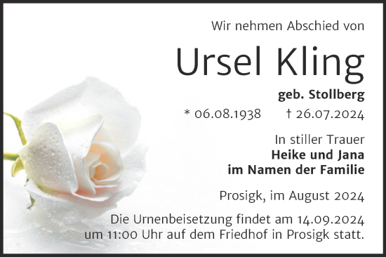 Traueranzeige von Ursel Kling von Trauerkombi Köthen