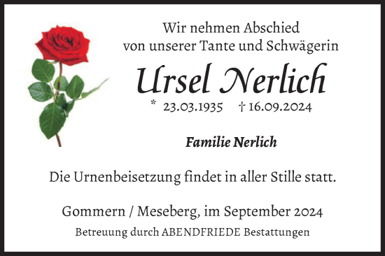 Traueranzeige von Ursel Nerlich von Volksstimme Burg/Genthin