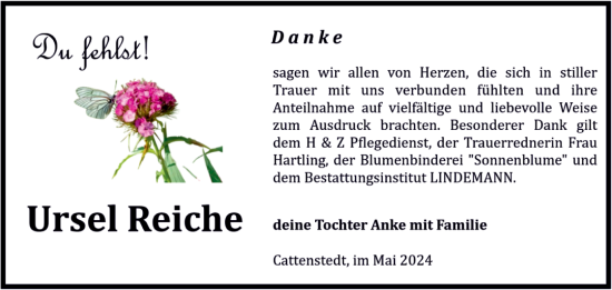Traueranzeige von Ursel Reiche von Volksstimme Wernigerode