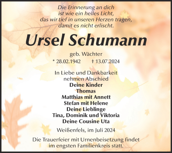 Traueranzeige von Ursel Schumann von Trauerkombi Weißenfels