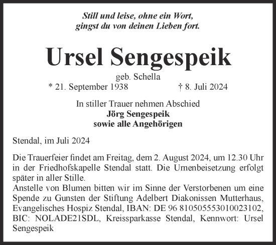 Traueranzeige von Ursel Sengespeik von Volksstimme Altmark Ost