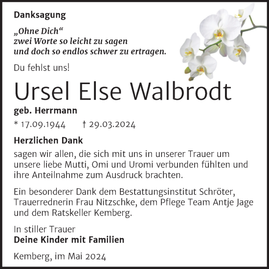 Traueranzeige von Ursel Else Walbrodt von Trauerkombi Wittenberg