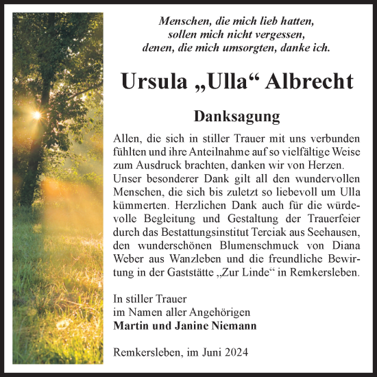 Traueranzeige von Ursula Albrecht von Volksstimme Oschersleben/Wanzleben