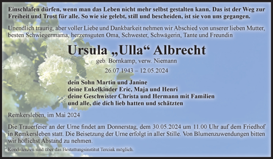 Traueranzeige von Ursula Albrecht von Volksstimme Oschersleben/Wanzleben