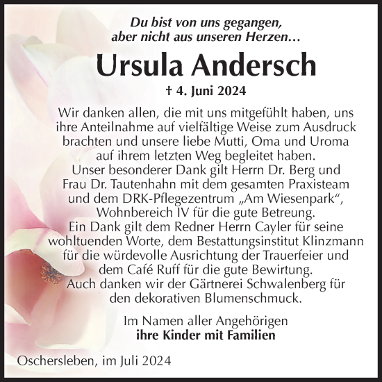 Traueranzeige von Ursula Andersch von Volksstimme Oschersleben/Wanzleben