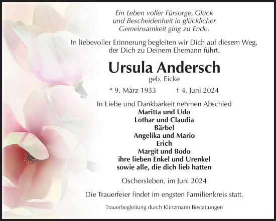 Traueranzeige von Ursula Andersch von Volksstimme Oschersleben/Wanzleben
