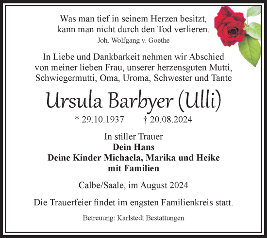 Traueranzeige von Ursula Barbyer von Volksstimme Schönebeck