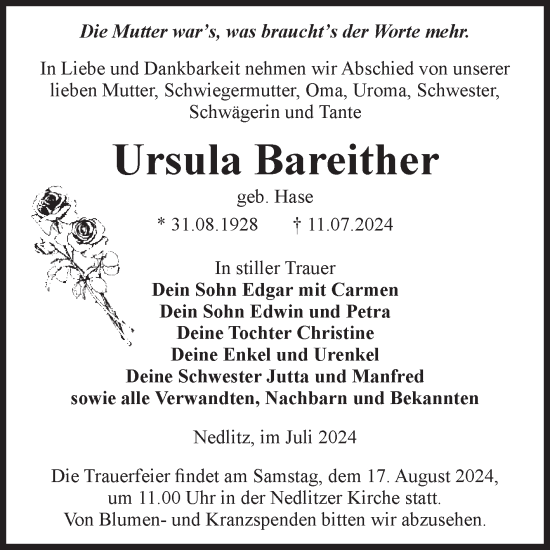 Traueranzeige von Ursula Bareither von Volksstimme Burg/Genthin