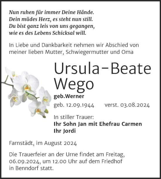 Traueranzeige von Ursula-Beate Wego von Trauerkombi Merseburg