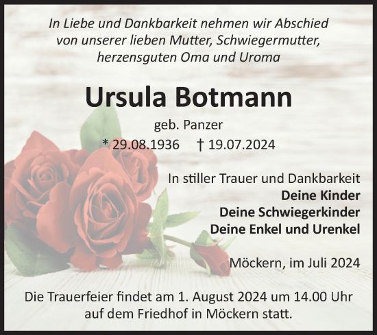Traueranzeige von Ursula Botmann von Volksstimme Burg/Genthin