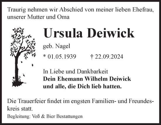 Traueranzeige von Ursula Deiwick von Volksstimme Wernigerode