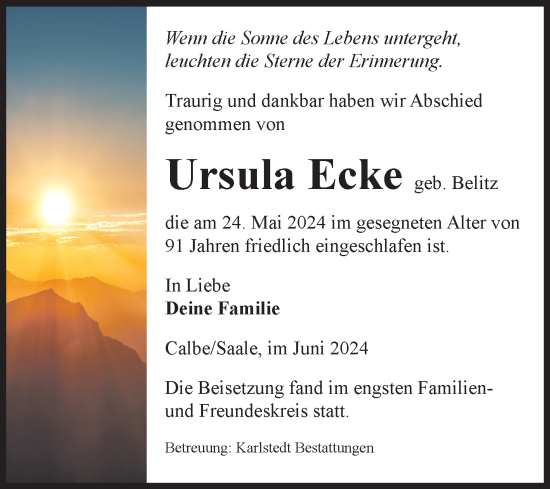 Traueranzeige von Ursula Ecke von Volksstimme Schönebeck