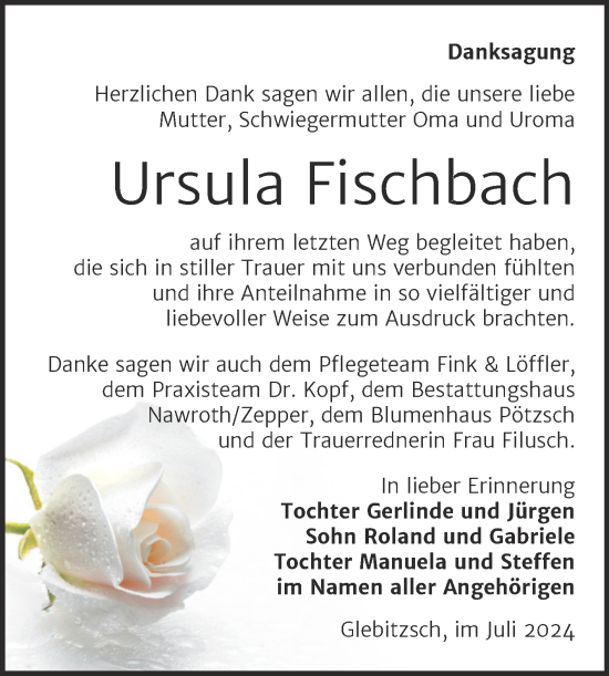 Traueranzeige von Ursula Fischbach von Trauerkombi Bitterfeld
