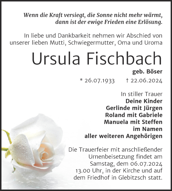 Traueranzeige von Ursula Fischbach von Trauerkombi Bitterfeld