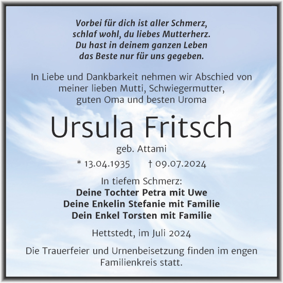 Traueranzeige von Ursula Fritsch von Trauerkombi Mansfelder Land
