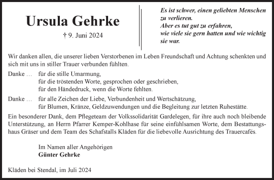 Traueranzeige von Ursula Gehrke von Volksstimme Altmark Ost