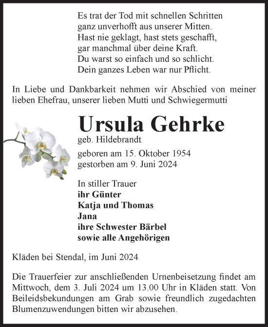 Traueranzeige von Ursula Gehrke von Volksstimme Altmark Ost