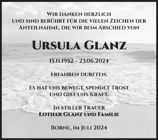 Traueranzeige von Ursula Glanz von Volksstimme Staßfurt