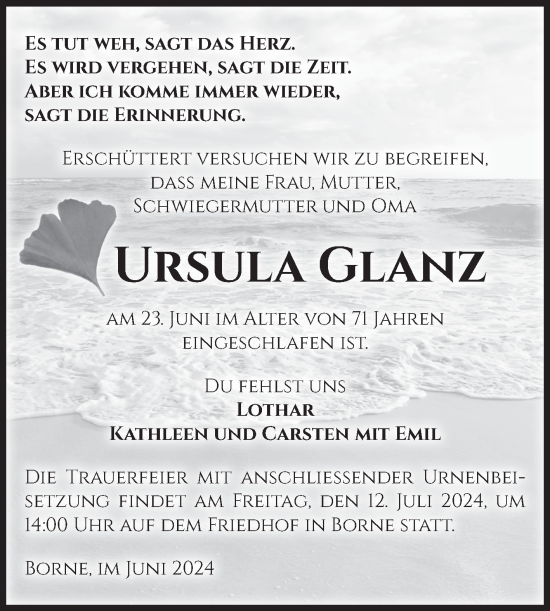 Traueranzeige von Ursula Glanz von Volksstimme Staßfurt
