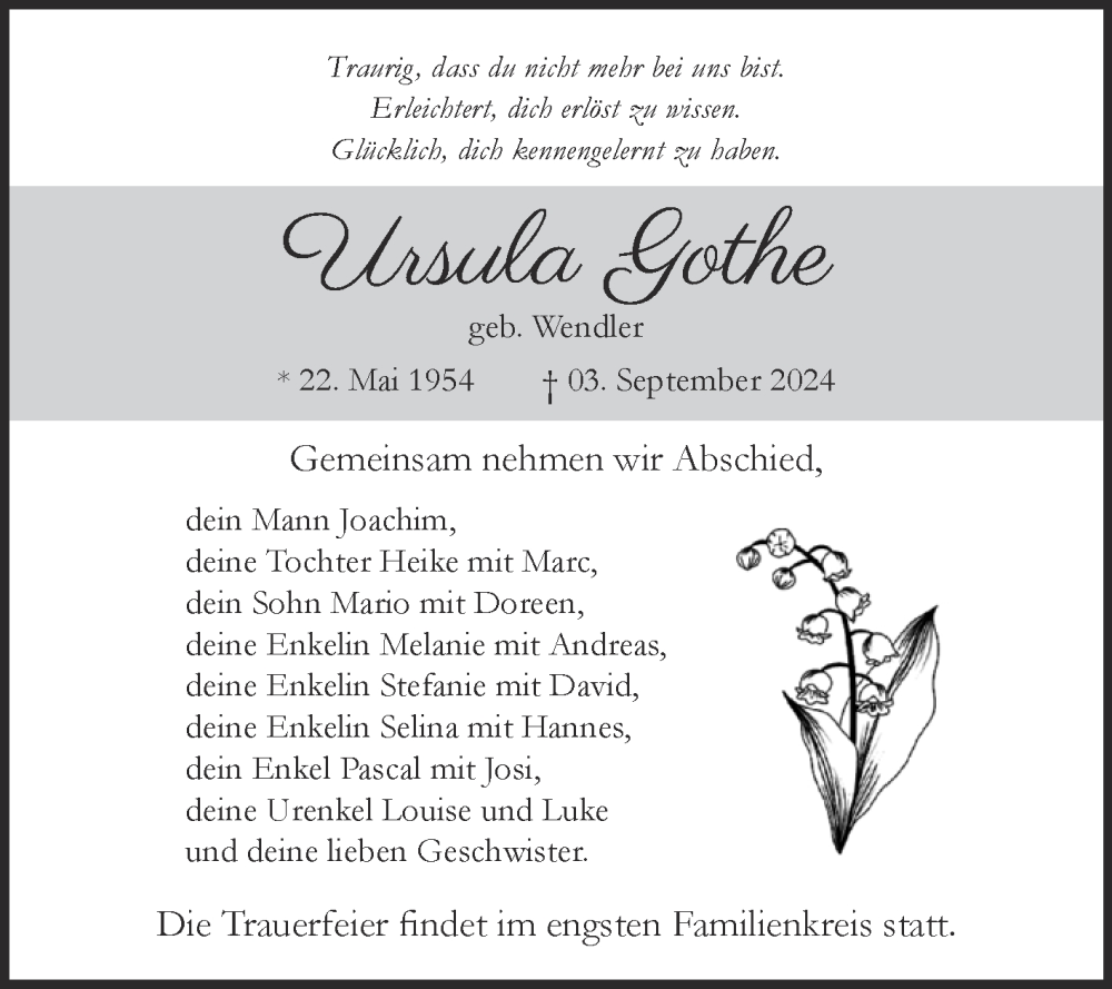  Traueranzeige für Ursula Gothe vom 21.09.2024 aus Trauerkombi Sangerhausen
