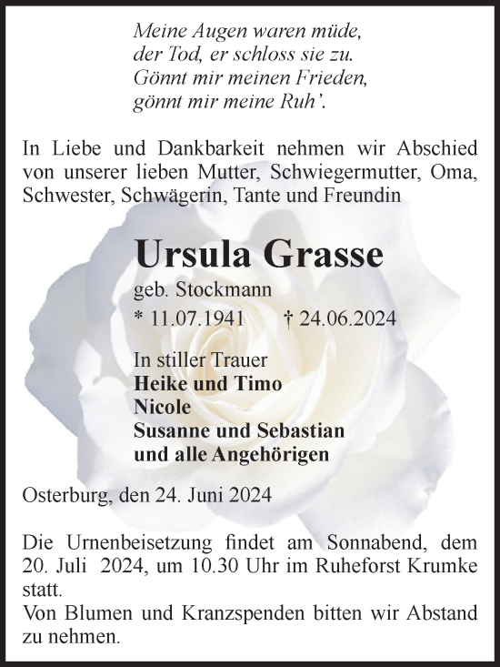 Traueranzeige von Ursula Grasse von Volksstimme Altmark Ost