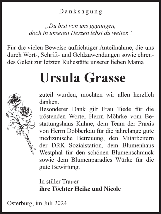 Traueranzeige von Ursula Grasse von Volksstimme Altmark Ost