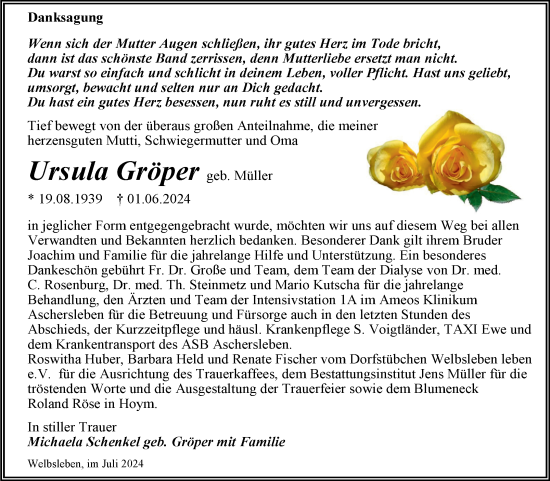 Traueranzeige von Ursula Gröper von Trauerkombi Aschersleben