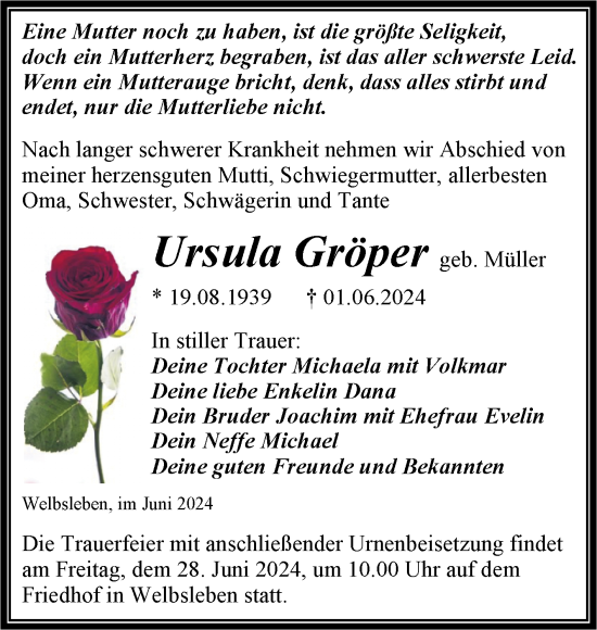 Traueranzeige von Ursula Gröper von Trauerkombi Aschersleben