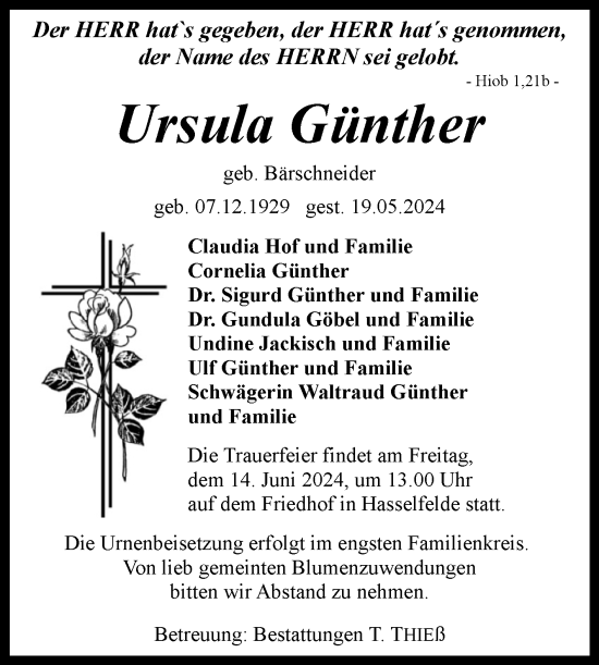 Traueranzeige von Ursula Günther von Volksstimme Wernigerode