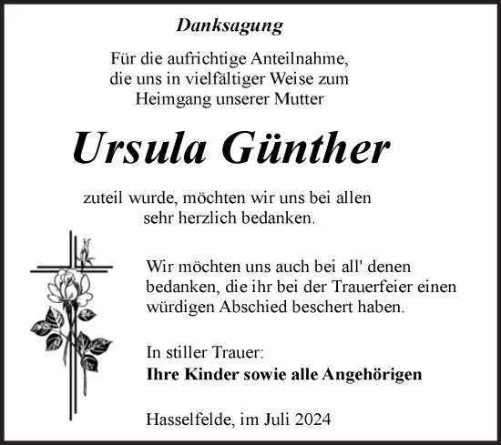 Traueranzeige von Ursula Günther von Volksstimme Wernigerode