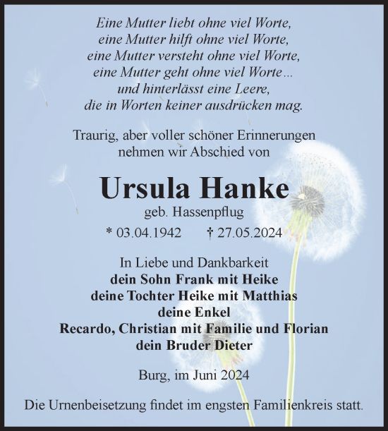 Traueranzeige von Ursula Hanke von Volksstimme Burg/Genthin