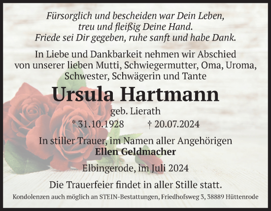 Traueranzeige von Ursula Hartmann von Volksstimme Wernigerode