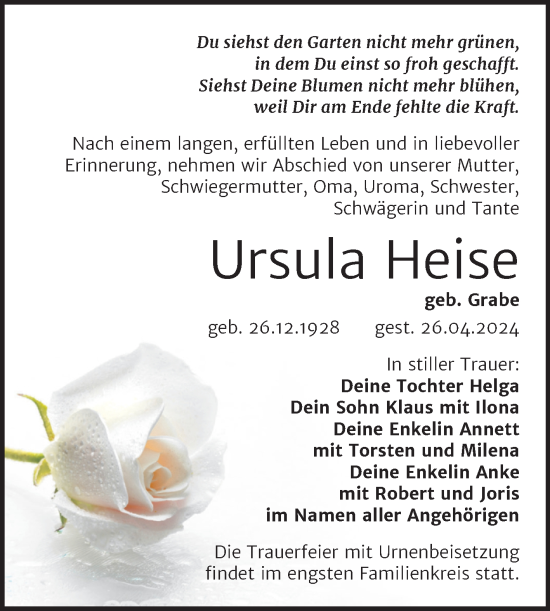 Traueranzeige von Ursula Heise von Trauerkombi Bitterfeld
