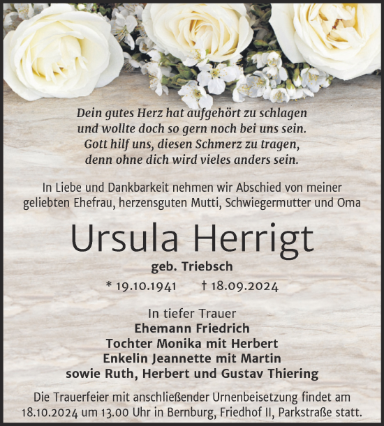 Traueranzeige von Ursula Herrigt von Trauerkombi Bernburg