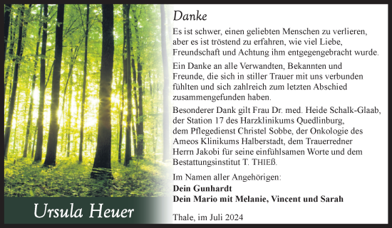 Traueranzeige von Ursula Heuer von Trauerkombi Quedlinburg