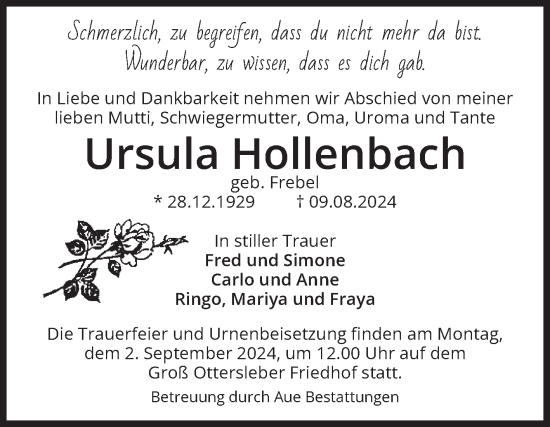 Traueranzeige von Ursula Hollenbach von Volksstimme Magdeburg