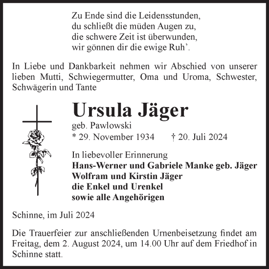 Traueranzeige von Ursula Jäger von Volksstimme Altmark Ost
